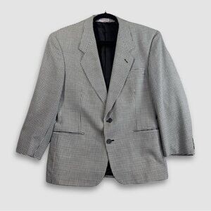 Vintage Black White Wool Houndstooth Checkered Academia Double Breasted Blazer